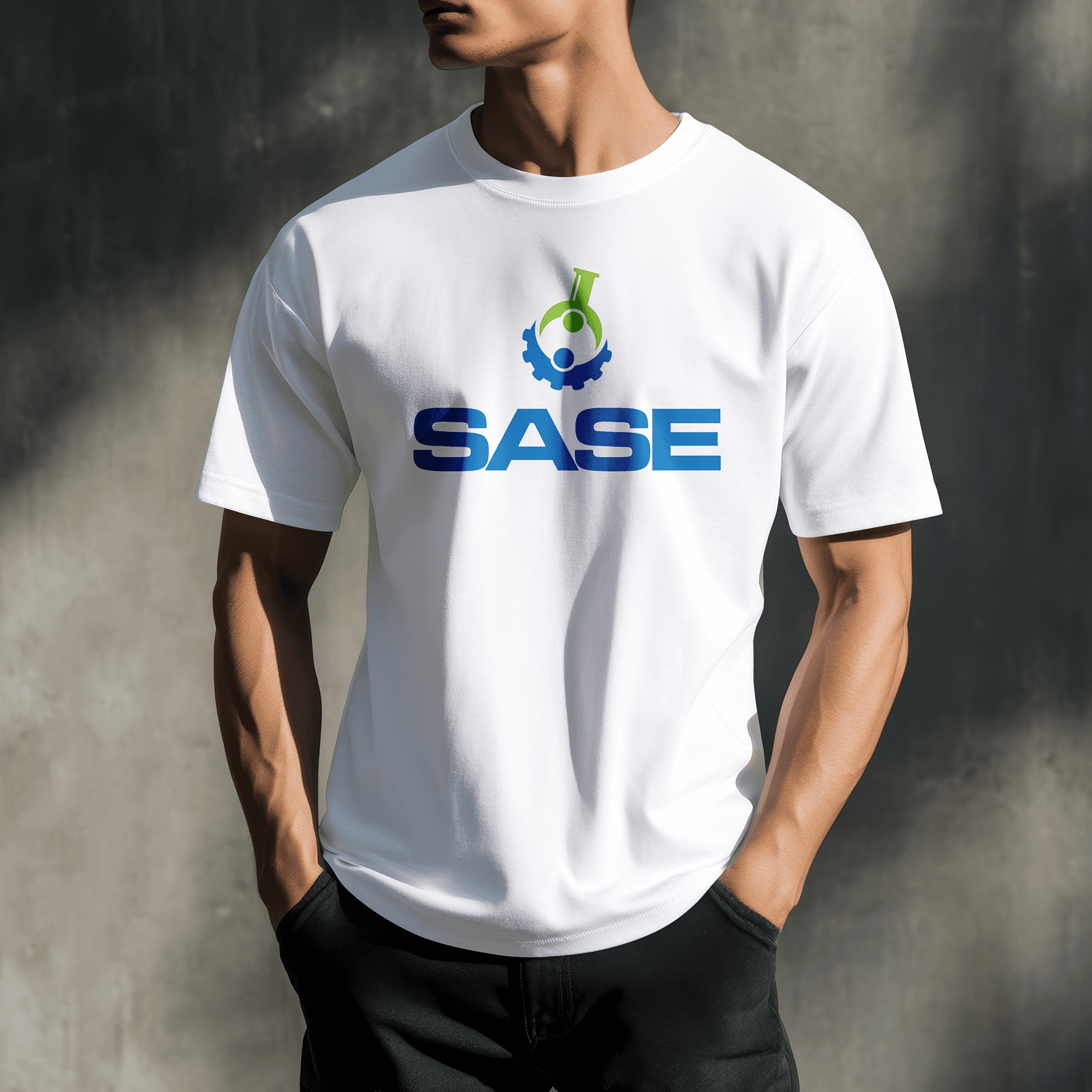 SASE custom shirt on model